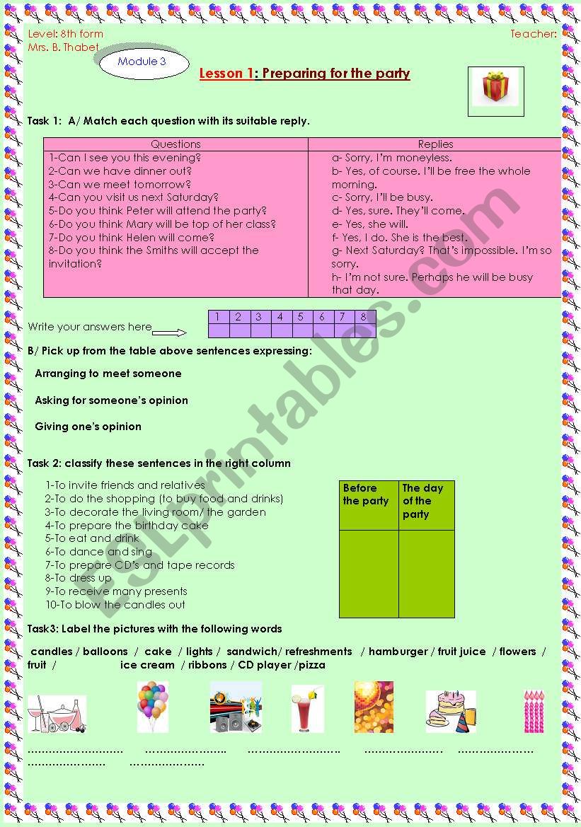 Preparing for a party worksheet