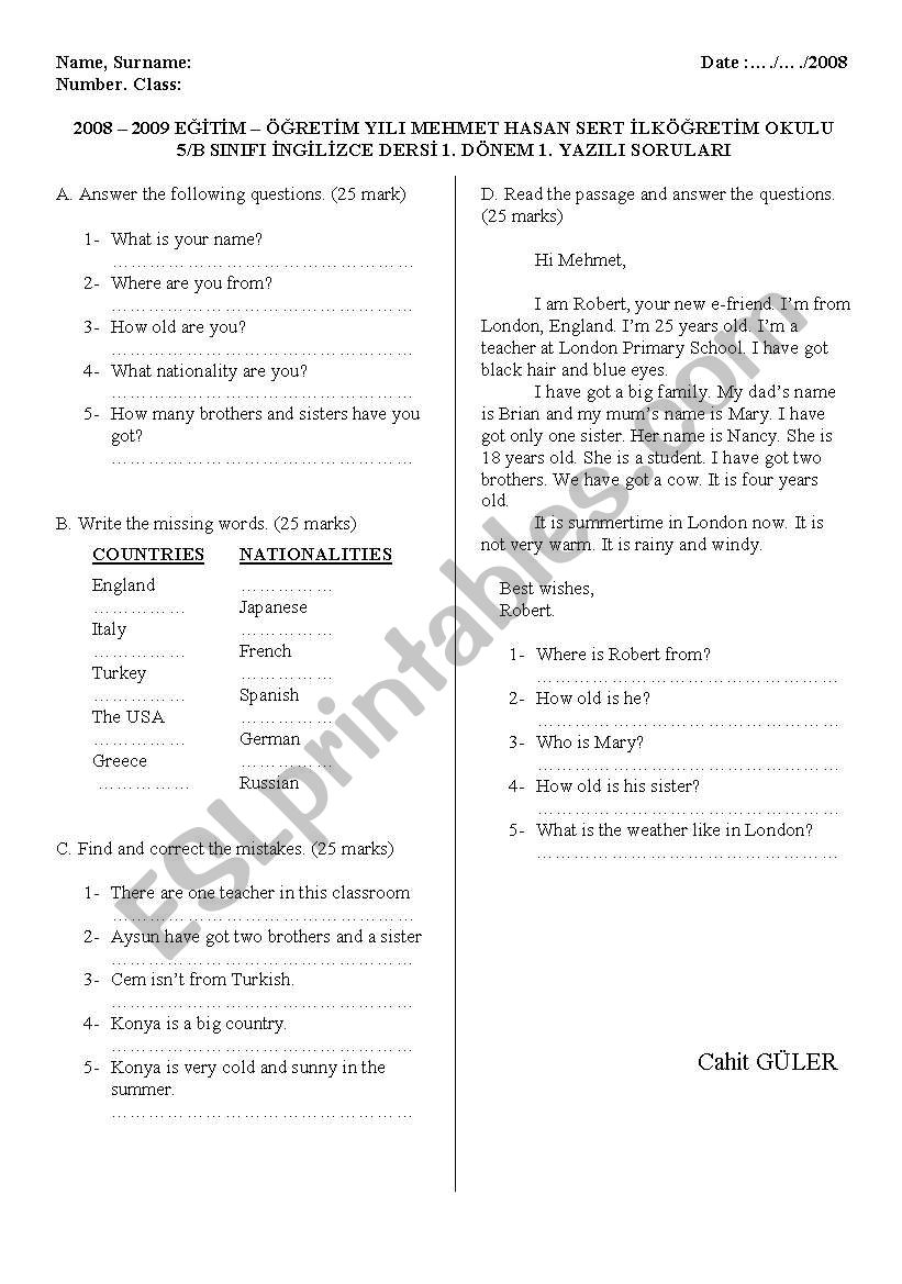 exam 5th class worksheet