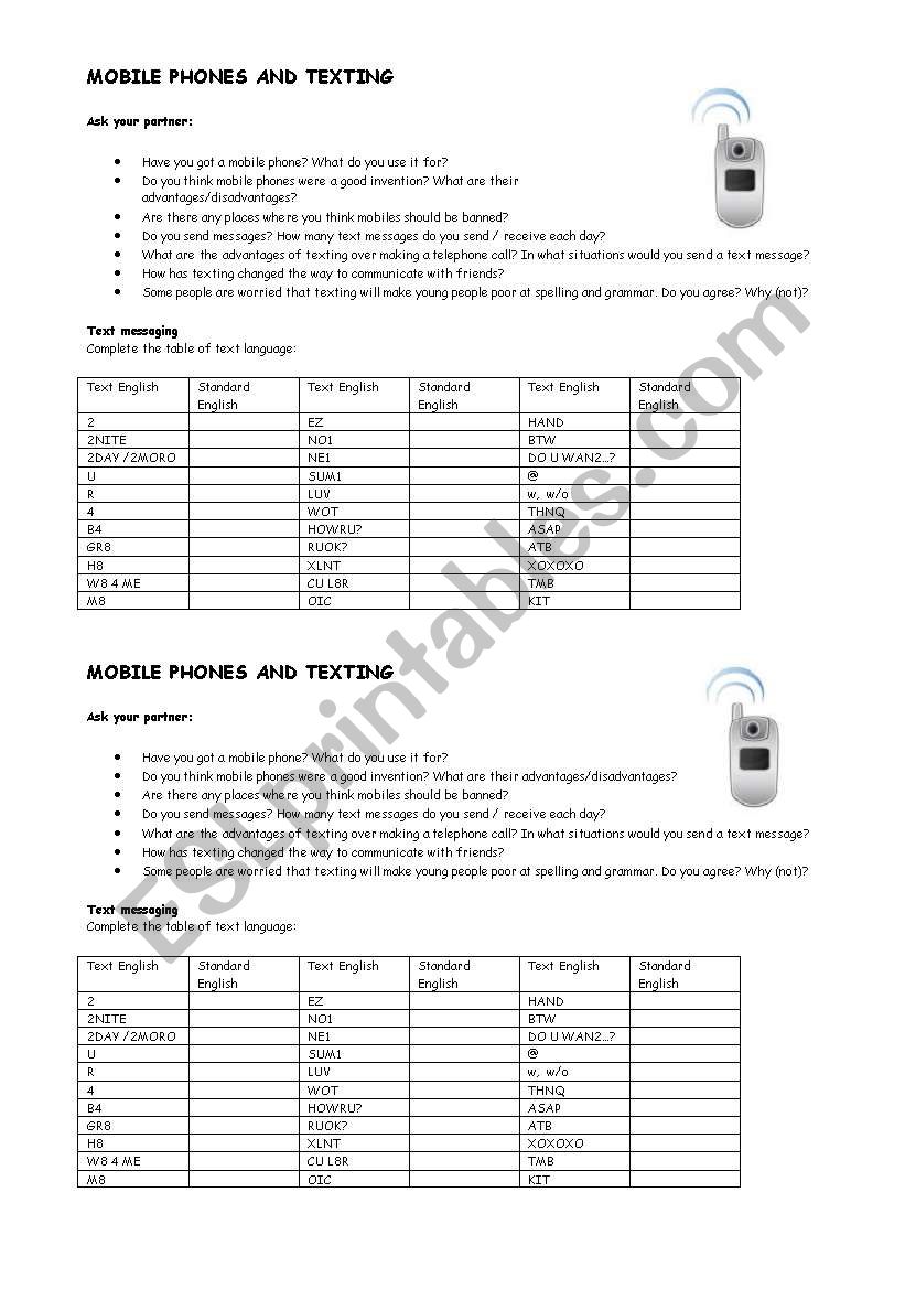 MOBILE PHONES AND TEXT MESSAGING