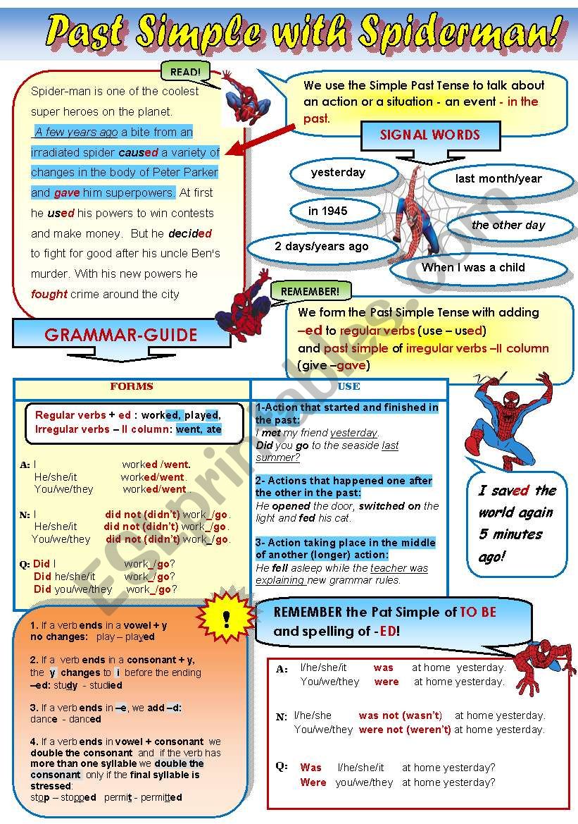 PAST SIMPLE WITH SPIDERMAN- GRAMMAR-GUIDE FOR TEENS! - 1 page(form and use)-