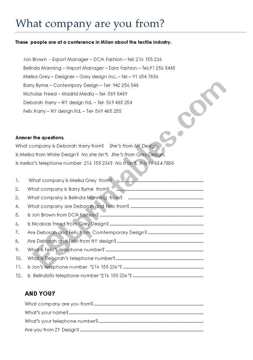 What company are you from? worksheet