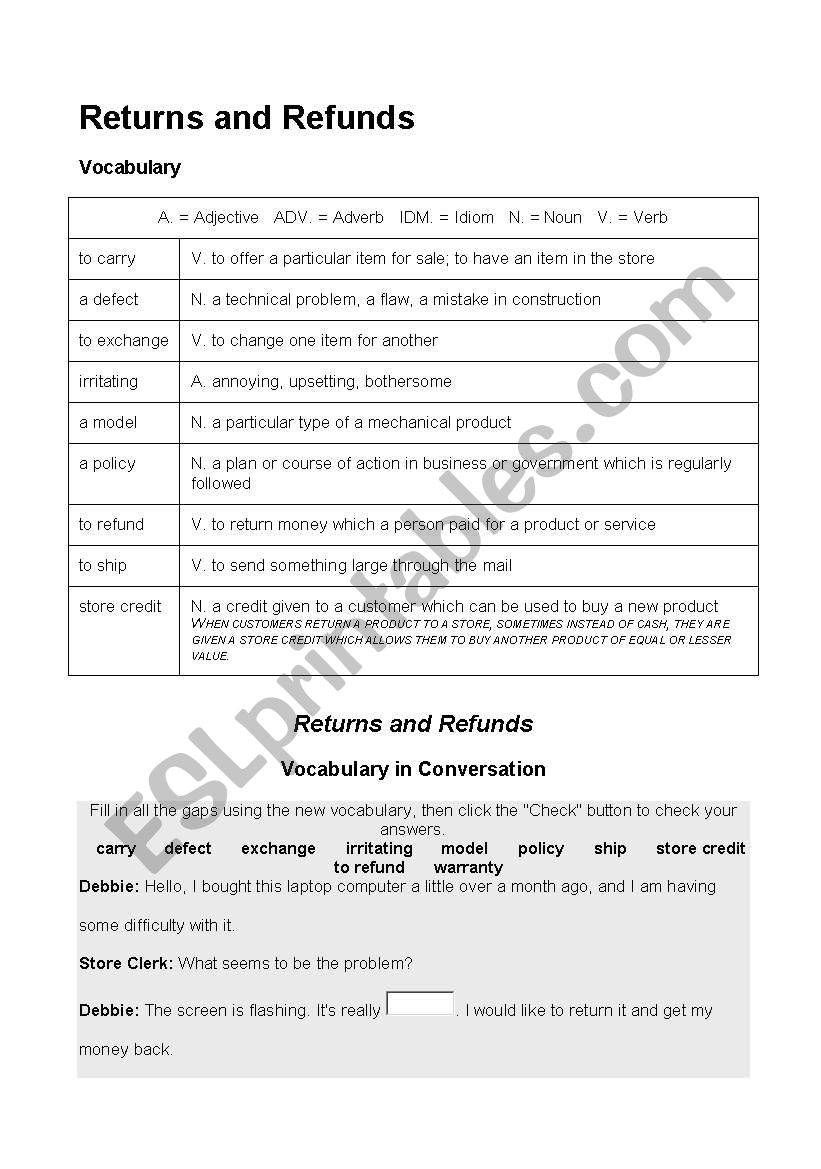 return and refunds worksheet