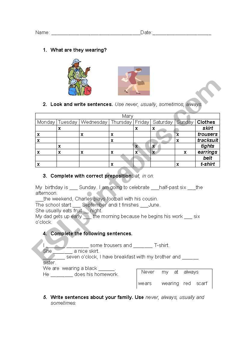 Clothes and some prepositions worksheet