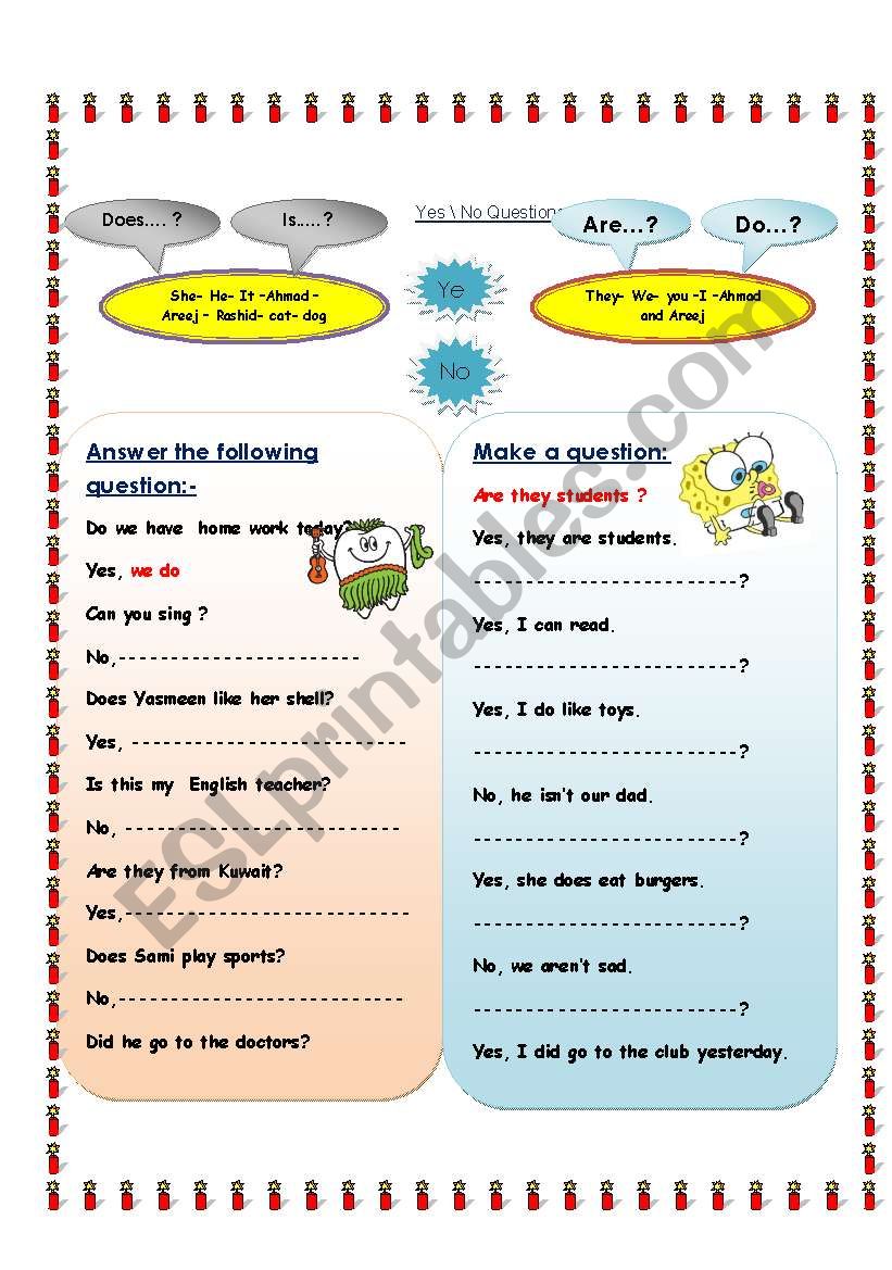 yes  no questions worksheet