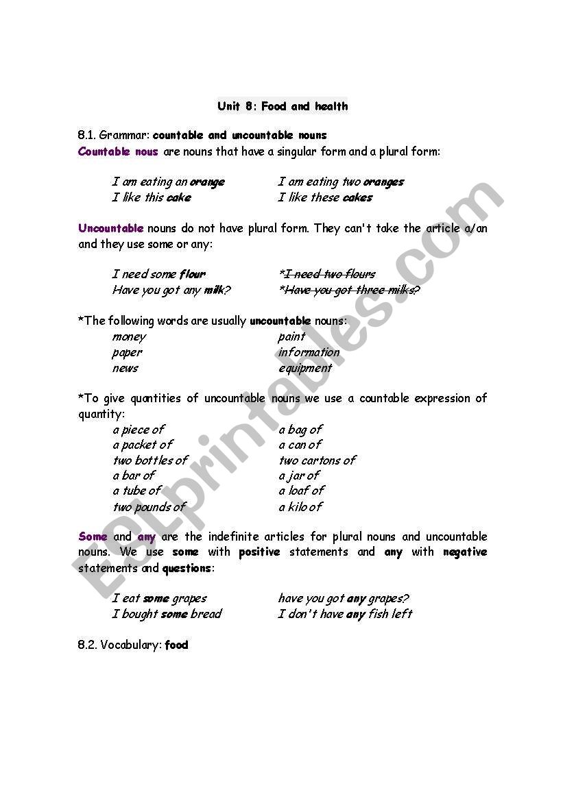 Food and Health worksheet