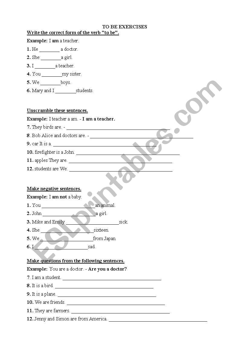 to BE exercises worksheet