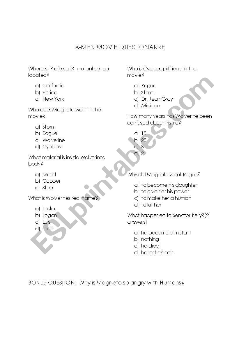 X-men Questionarre worksheet