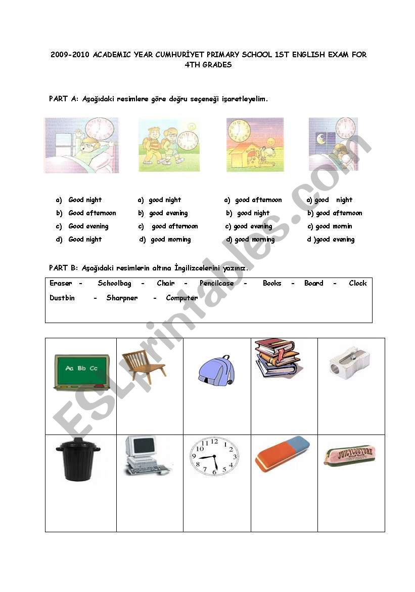4th grades 1st exam worksheet