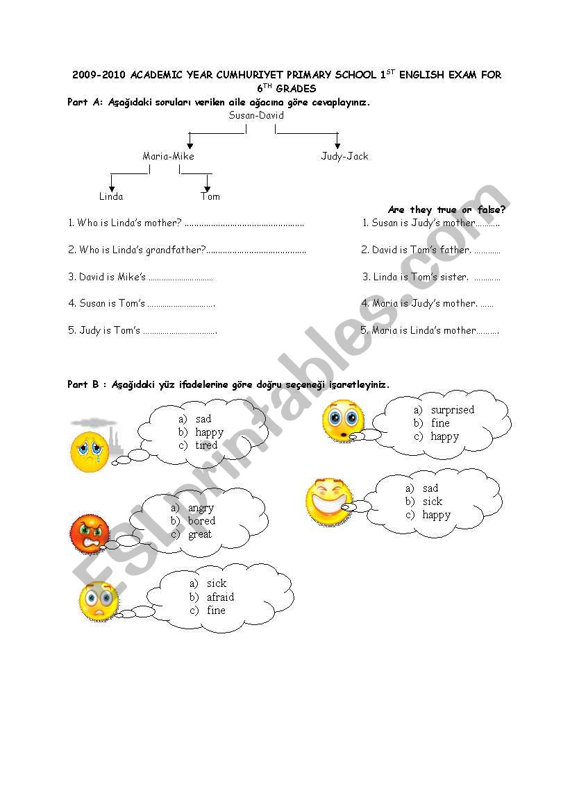 6th grades 1st exam worksheet