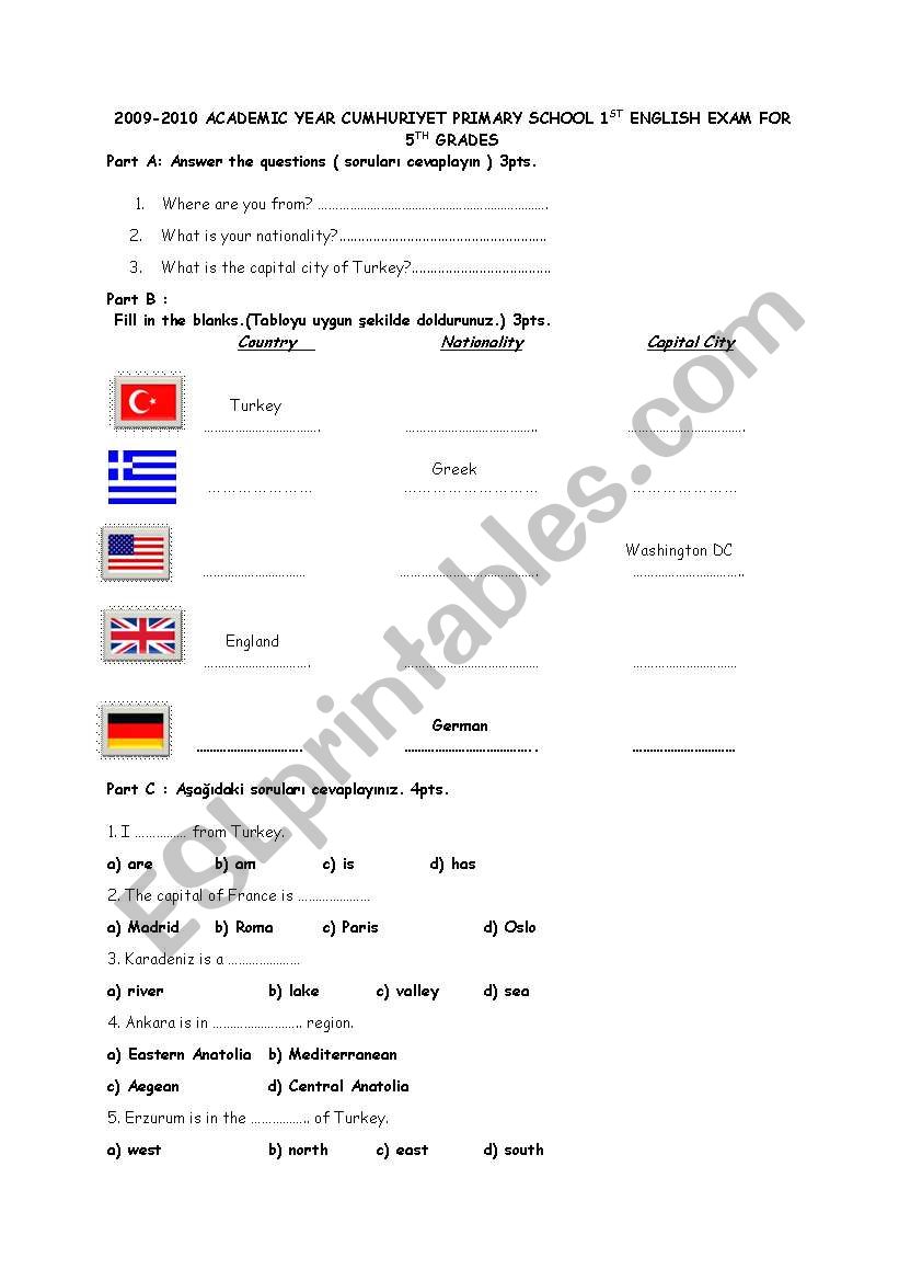 5th grades exam worksheet