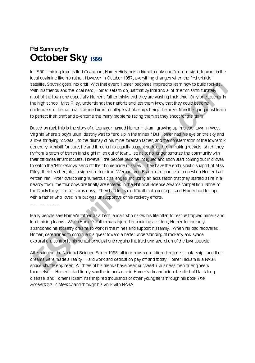 October Sky Summary and Essay question