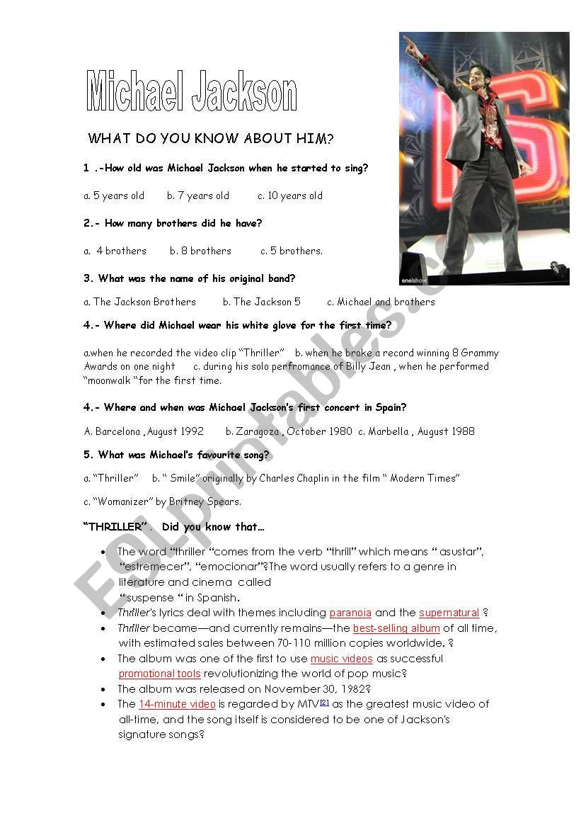 Michael Jacksons quizz worksheet