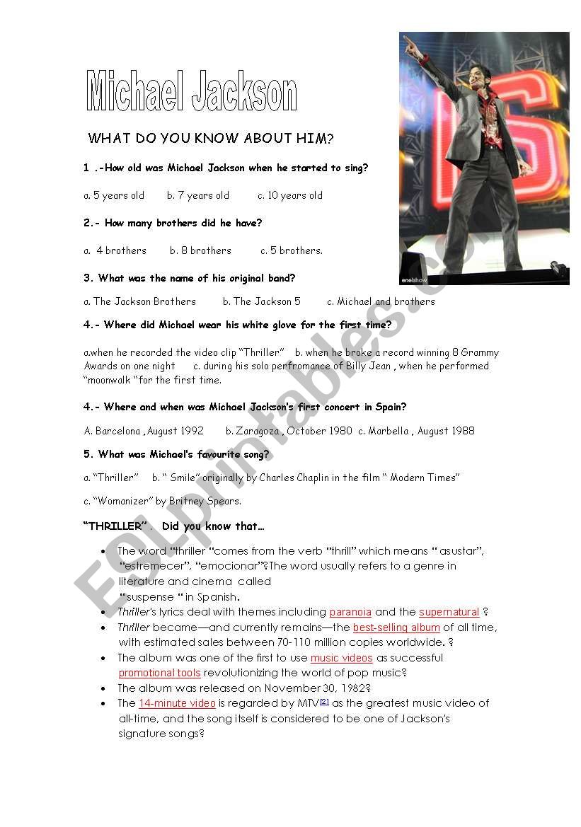 Michael JacksonÂ´s quizz worksheet