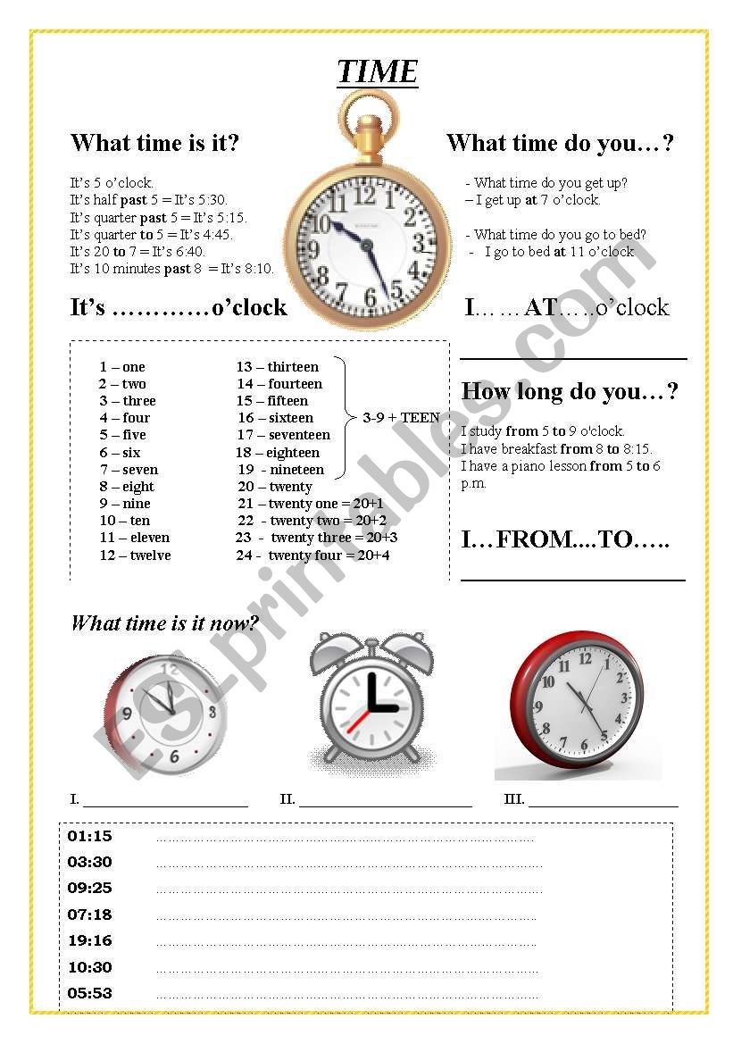 time worksheet for beginners