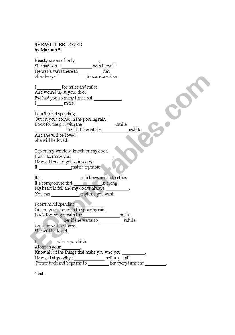 Songs blanks worksheet