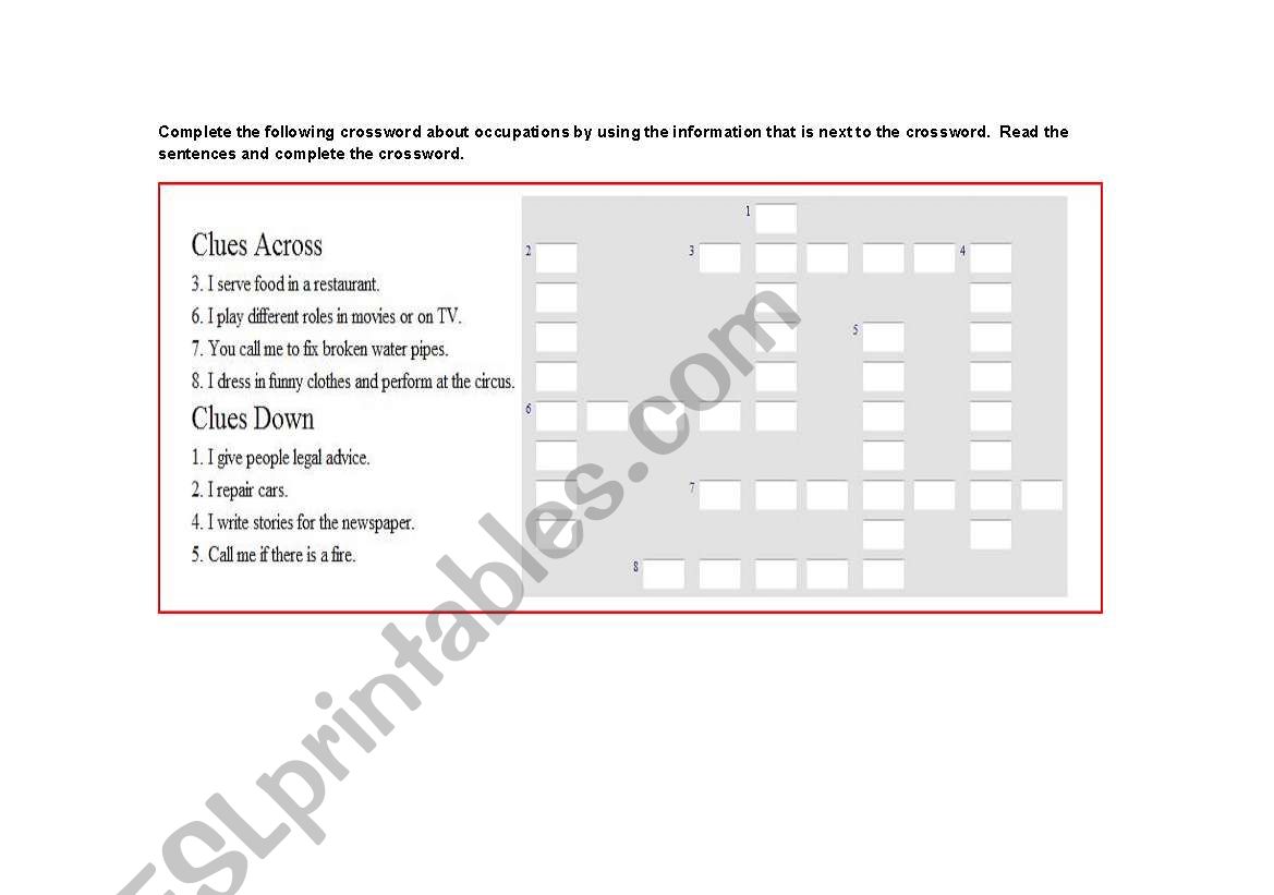 crossword about jobs worksheet