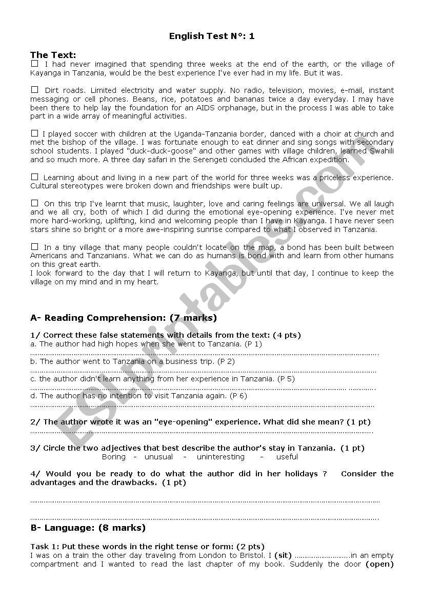 reading comprehension worksheet