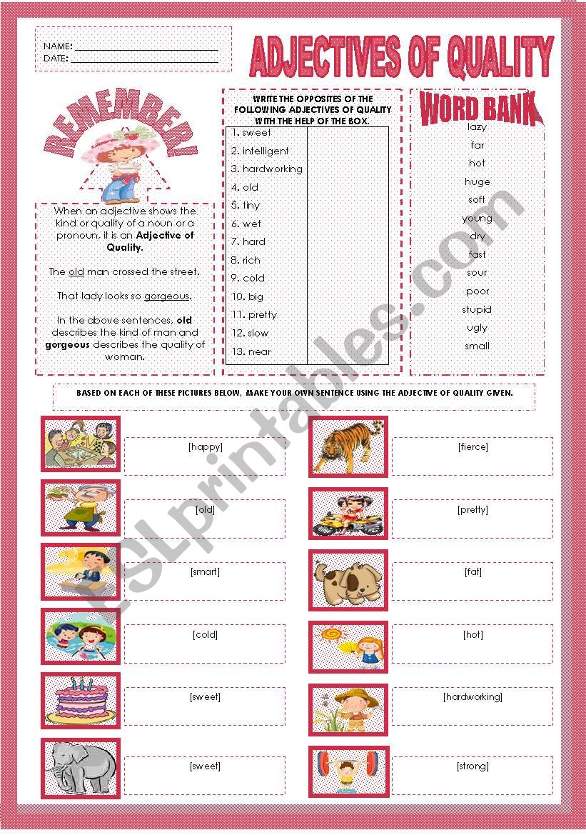 ADJECTIVES OF QUALITY worksheet