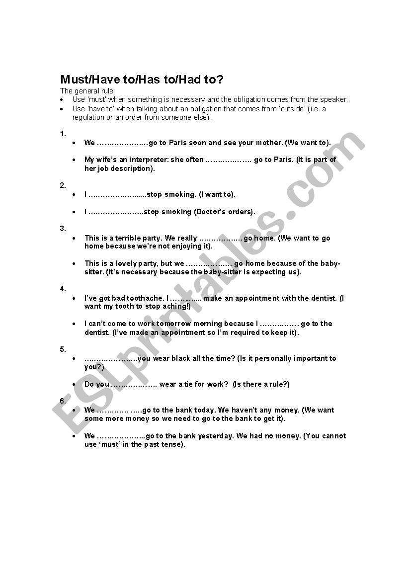 Must/Has To/Have To/Had To worksheet