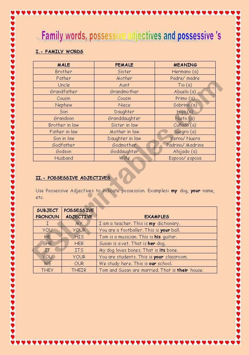 Family words, possessive adjectives and s: explanation and exercises