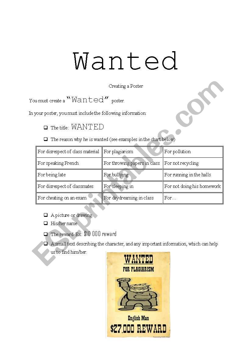 wanted poster worksheet