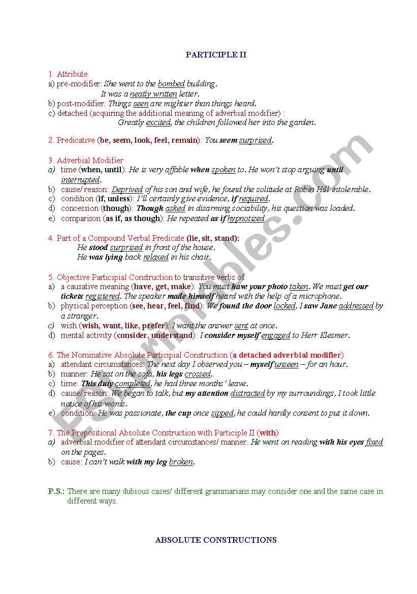 Participle II worksheet