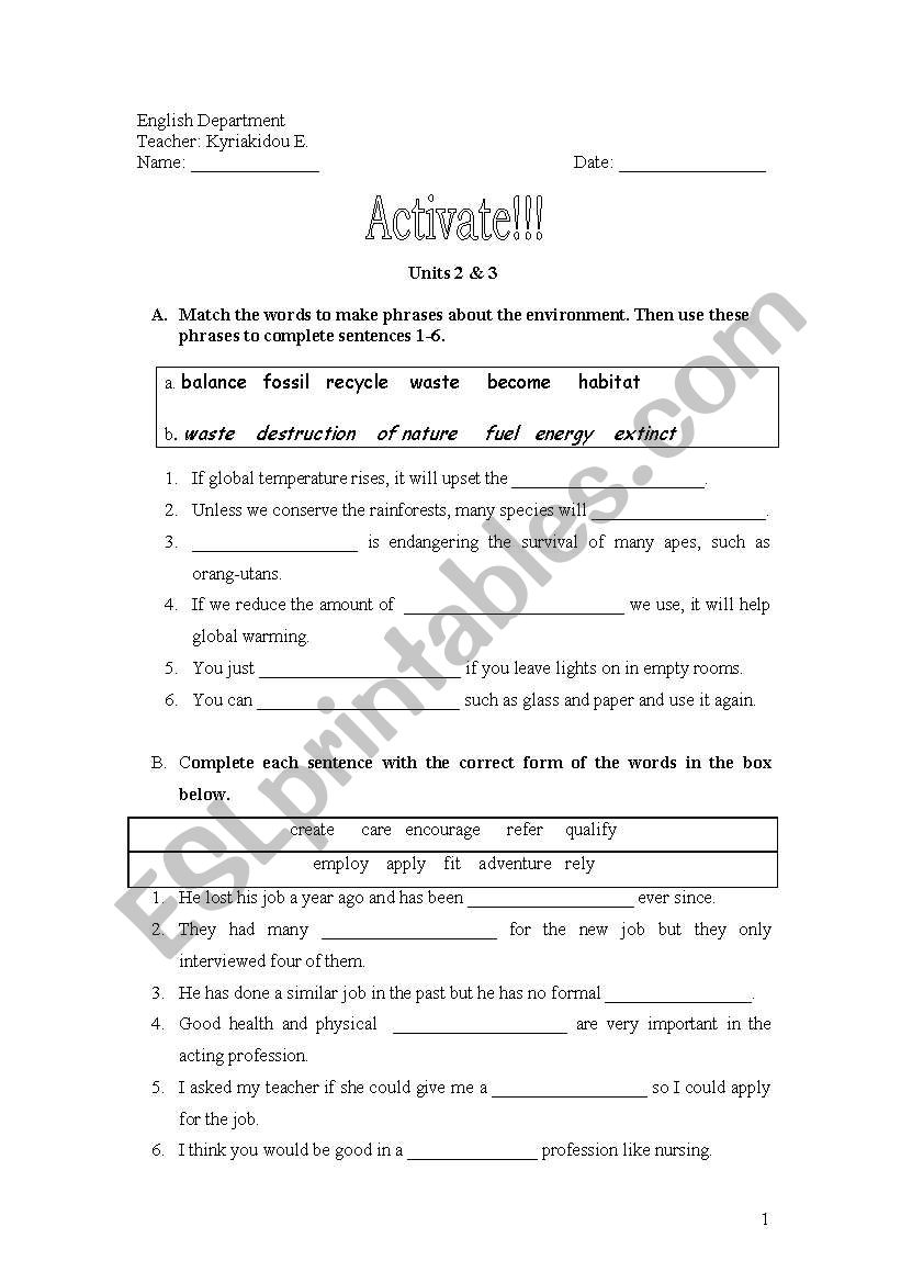 ACTIVATE B2--Units 2 & 3 Test worksheet