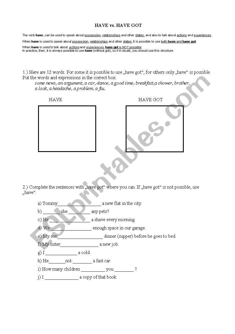 HAVE vs HAVE GOT worksheet