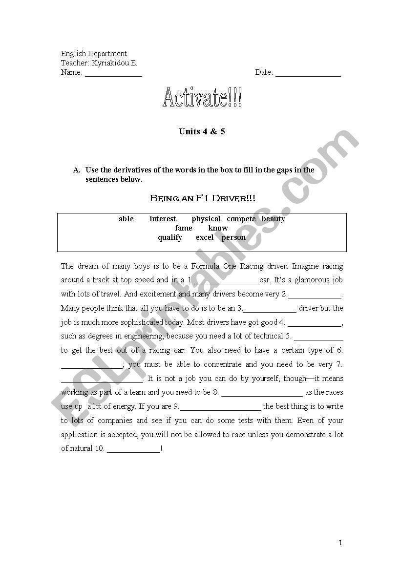 ACTIVATE B2  Units 3 and 4 worksheet