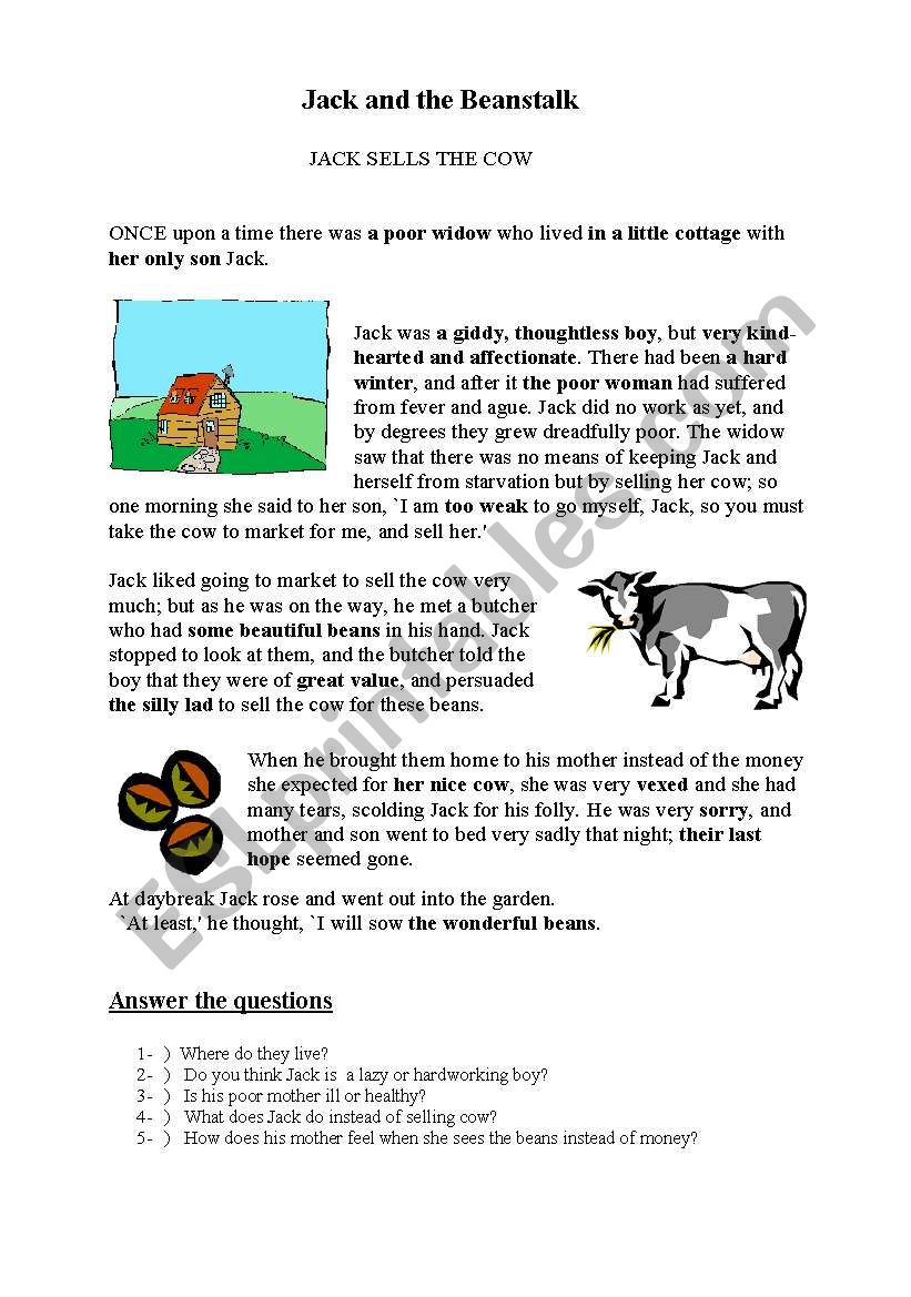 learn adjectives in the story worksheet
