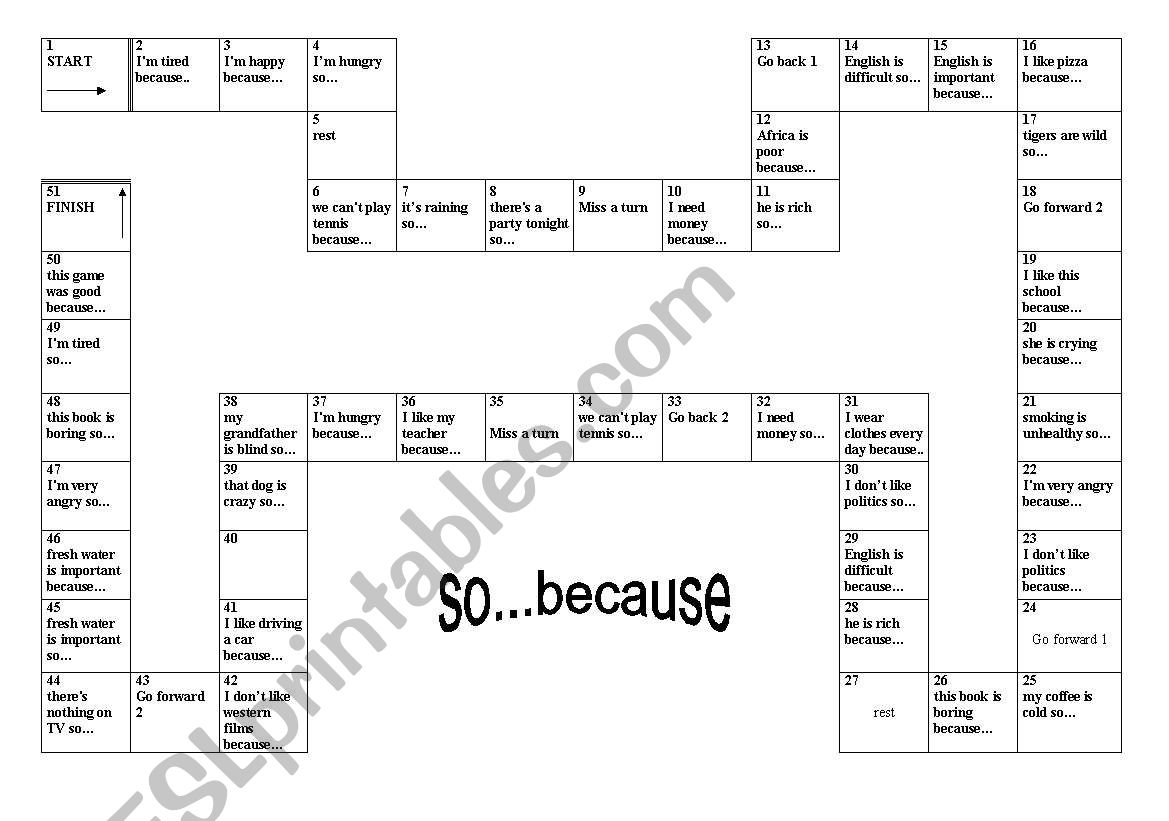 So- Because Board Game worksheet