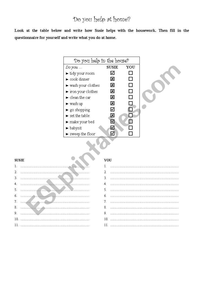 Do you help at home worksheet