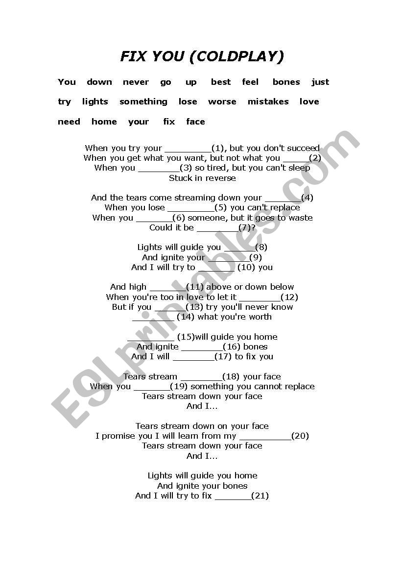 Fix you (song) worksheet