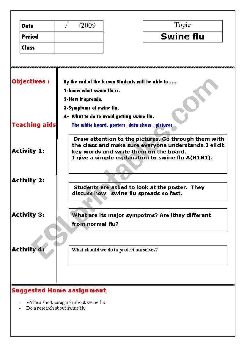 Swine flu Lesson plan worksheet