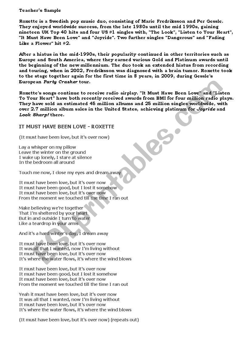 It must have been love , song worksheet