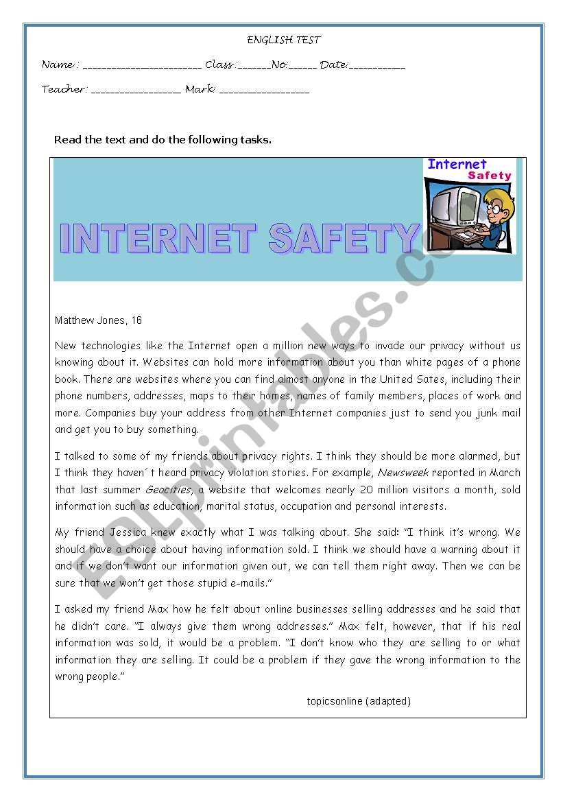 TEST-INTERNET SAFETY worksheet