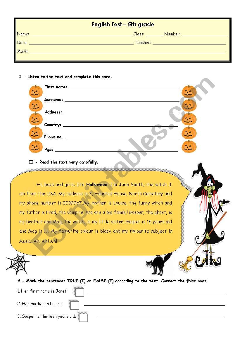 Halloween test worksheet