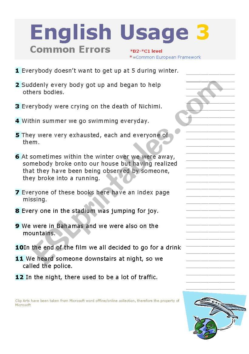 ENGLISH USAGE 2   2nd part COMMON ERRORS!!! WITH KEY , INTERMEDIATE/ADVANCED LEVEL, ENGLISH USAGE 1 IS ALSO INCLUDED,EDITABLE