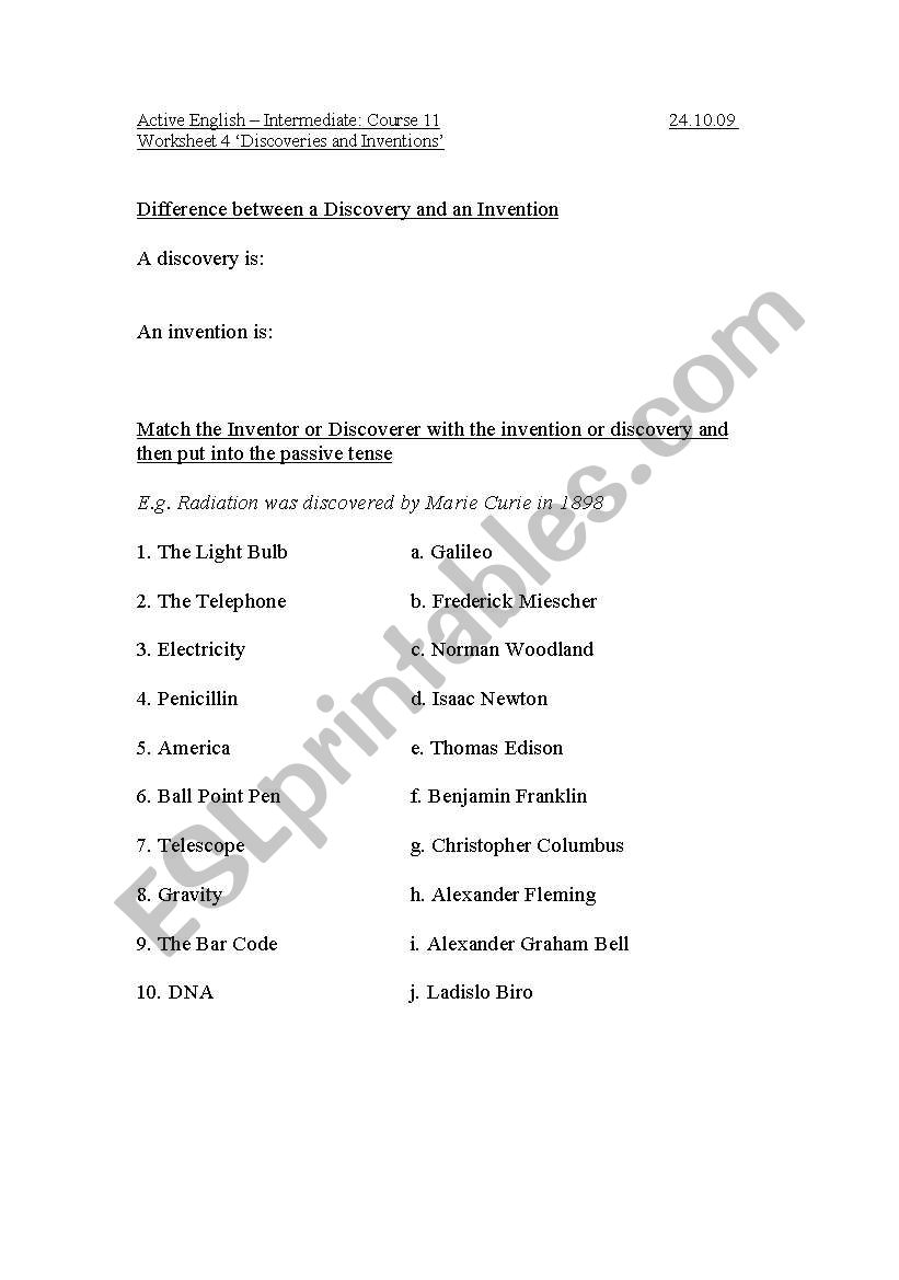 Disoveries and Inventions worksheet