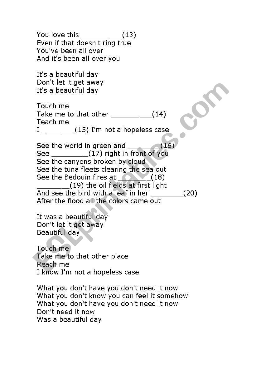 Beautiful Day U2 Song Esl Worksheet By Quercus Beautiful Day U2 Song Esl Worksheet By Quercus