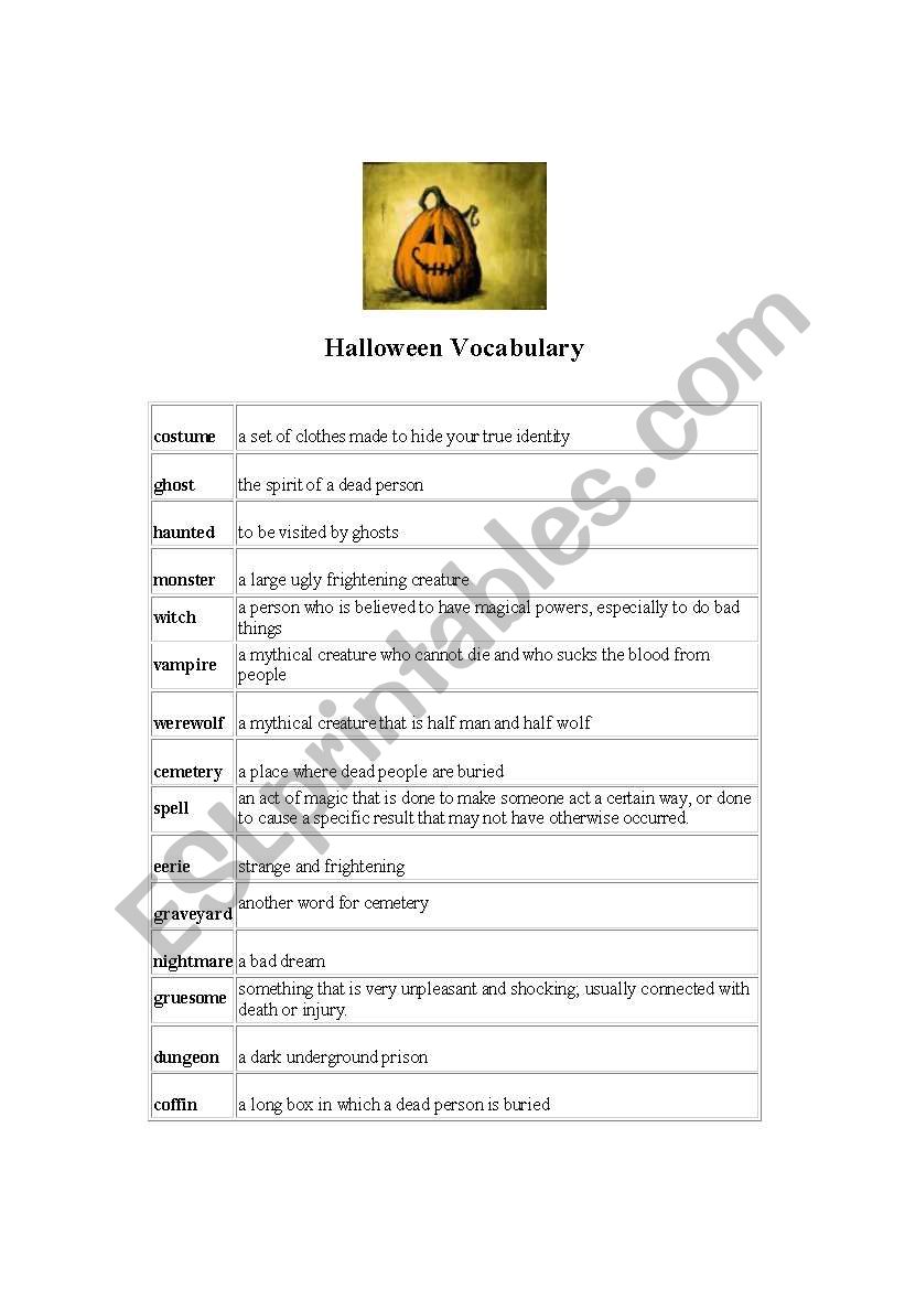 Holloween vocabulary worksheet