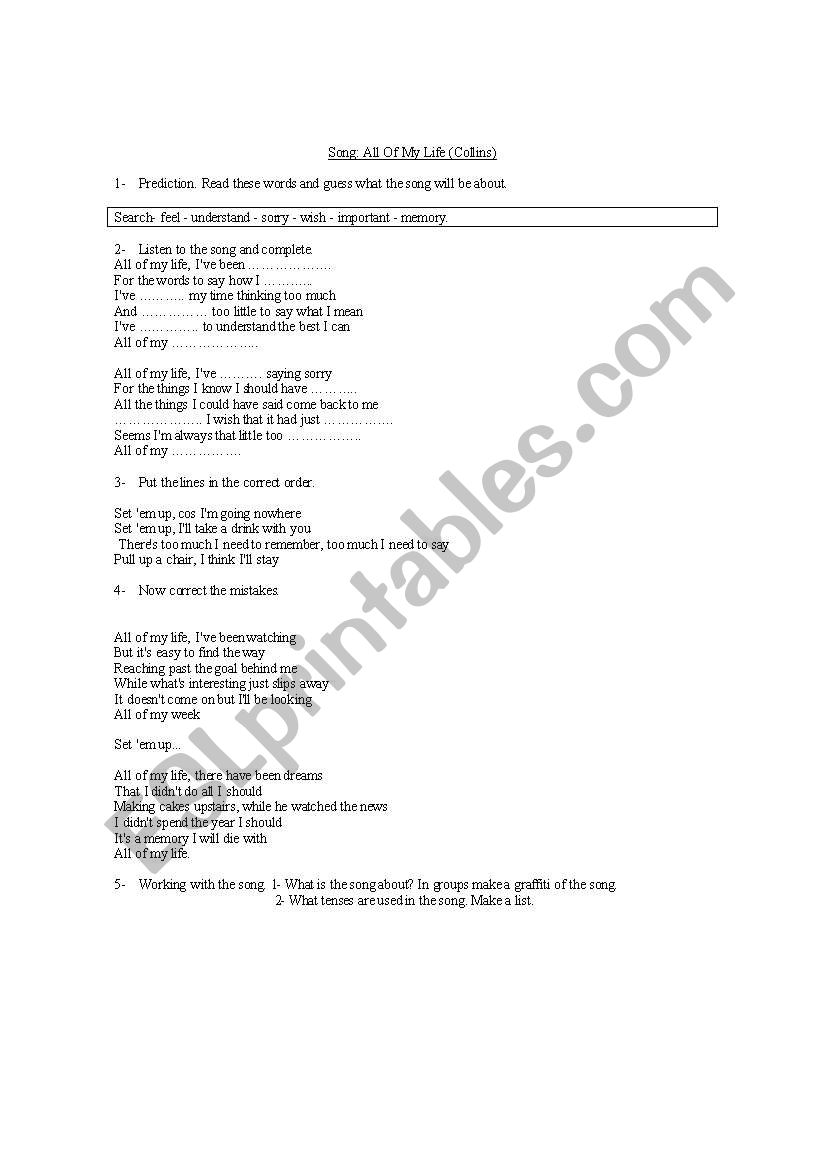 SONG: ALL OF MY LIFE worksheet