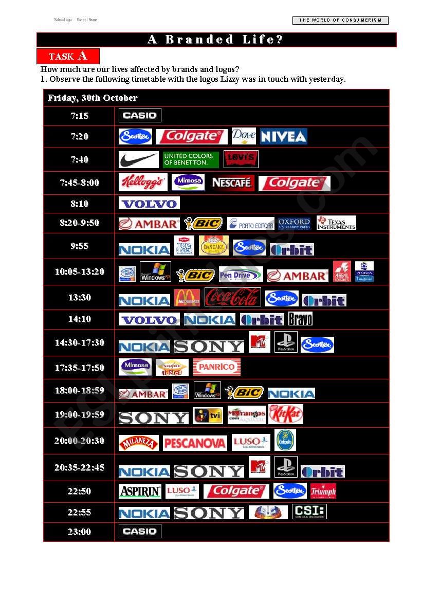 My Branded Life â€“ Logos, brands & Consumerism (3 pages + key - editable)