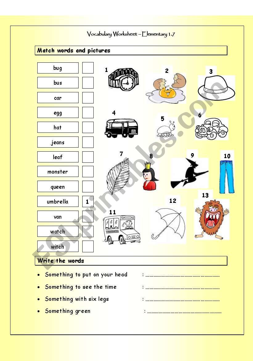 Vocabulary Matching Worksheet - Elementary 1.7
