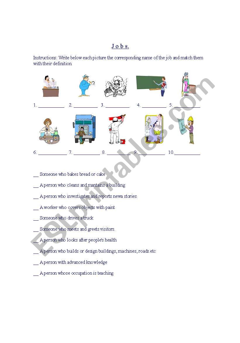definitions of Jobs worksheet