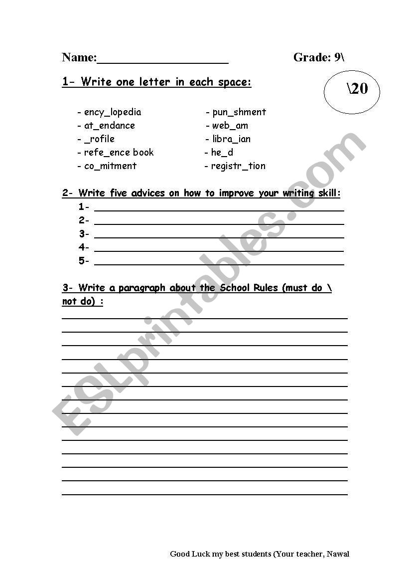 english-worksheets-writing-exam-for-grade-9