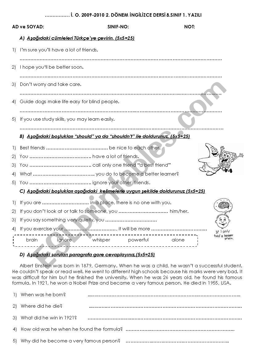 8th grade exam for turkish teachers