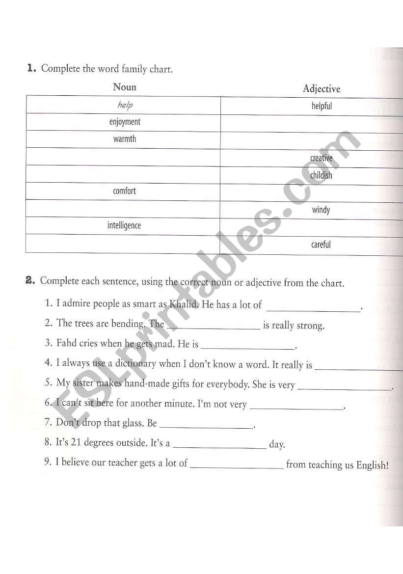 noun and adjective worksheet