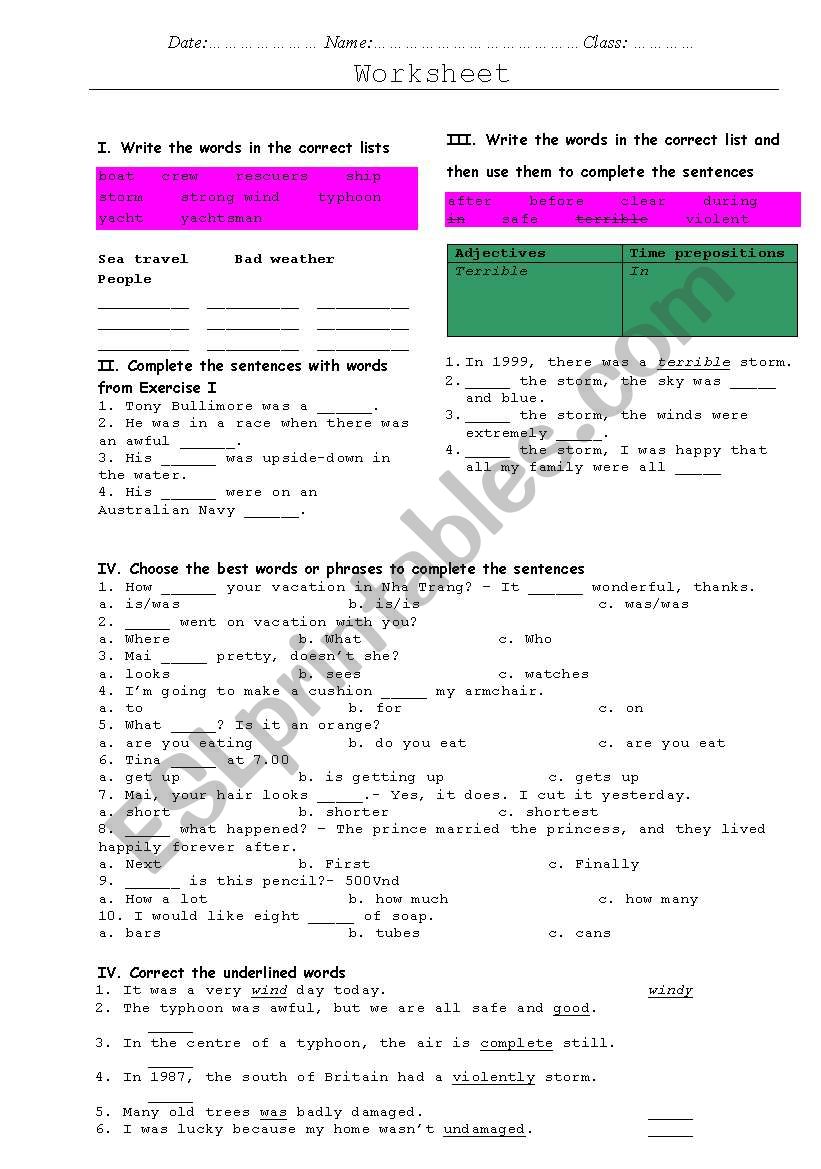 sample test worksheet