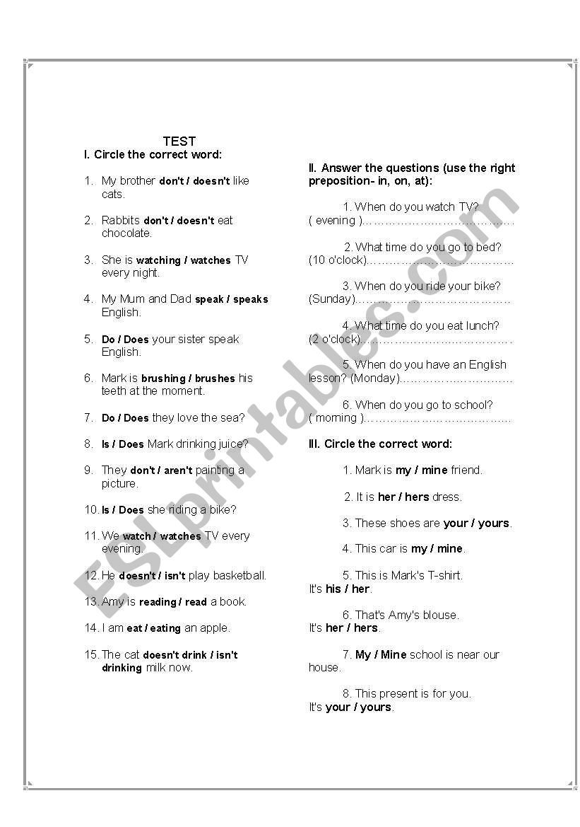 test worksheet